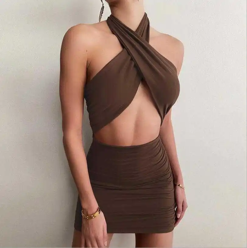 

Wind 2021 summer new women's dress with neck and backless fashion and hollow out sexy slim fit and buttocks
