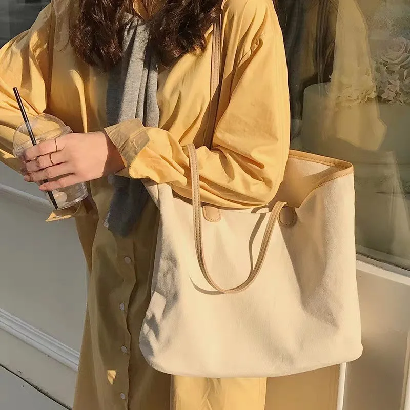 

New 2021 Korean Simple stripe Shoulder Bag High-capacity Student Book Shopping Handbag Cotton Fabric Bags