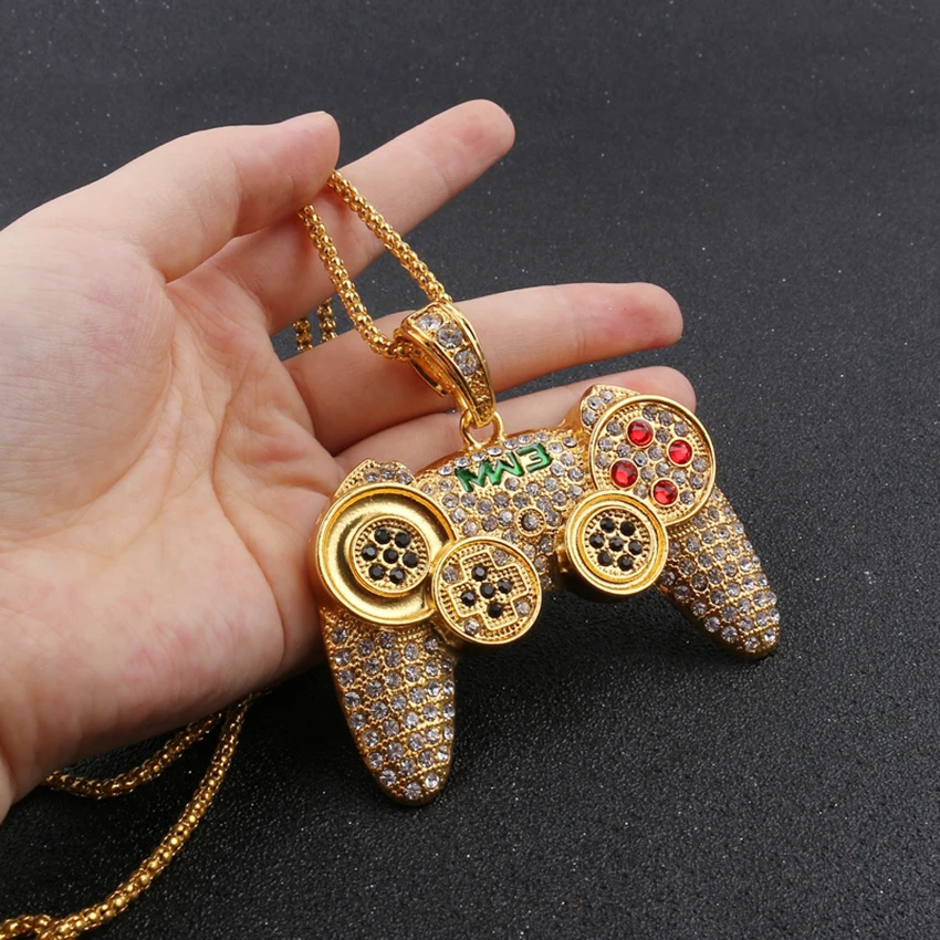 

Crystal Paved Gamepad Pendant Necklace Iced Out Link Chain Gold Color Necklace for Men Fashion Hip Hop Jewelry
