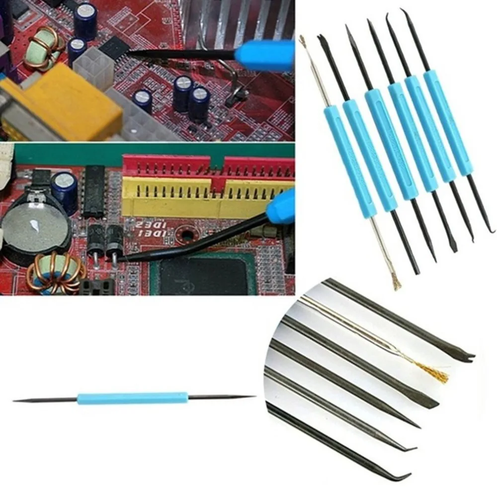 

6Pcs Welding Solder Soldering Station Iron Tool Electronic Heat Assist Set Knife Fork Reamer Chip Hold Brush Needle Kit