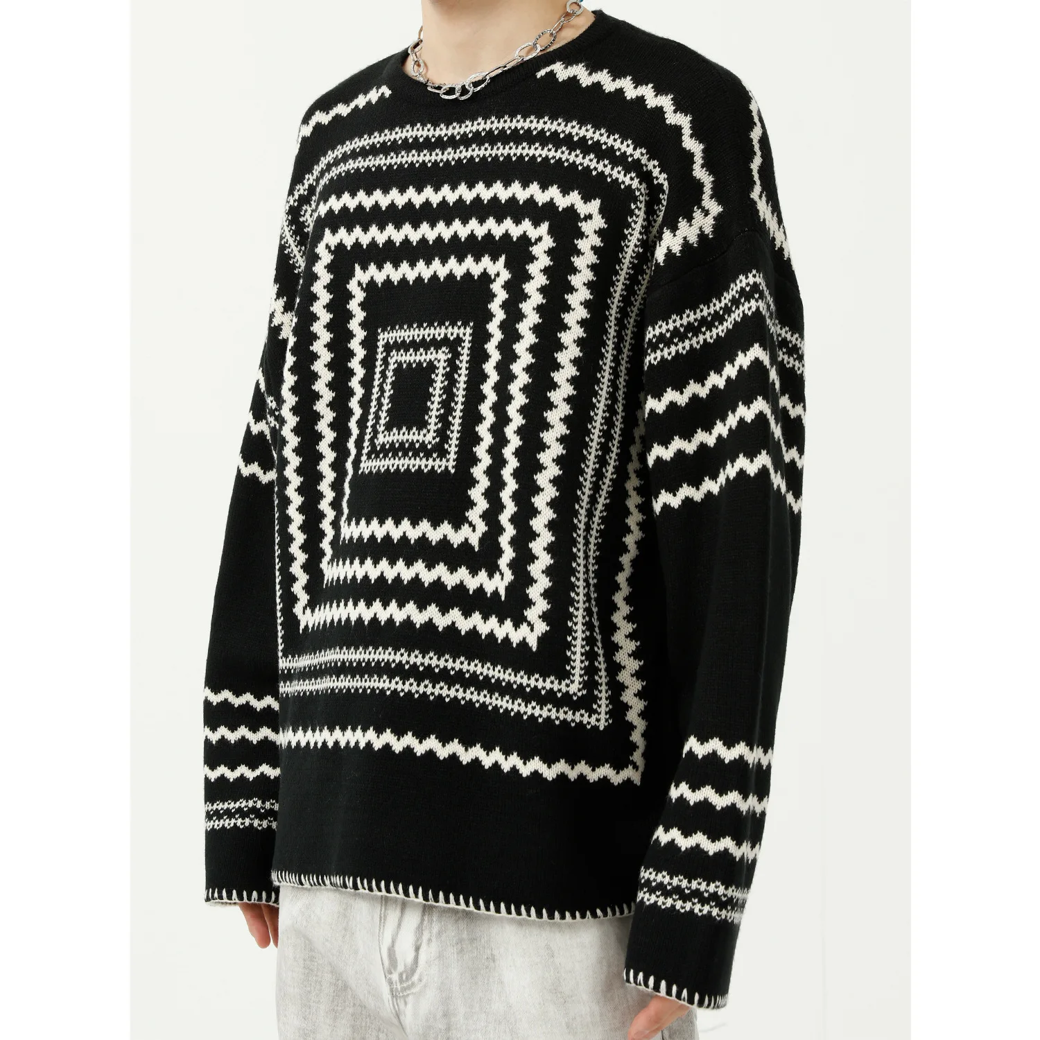 

SEVEYFAN Men's Pullover Sweater 2021 New Loose Pullover Men's Geometric Pattern Round Neck Pullover