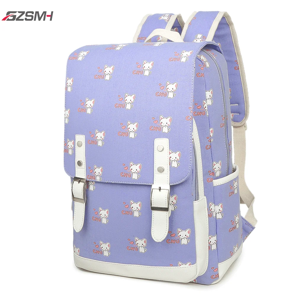 

Школьные сумки для студентов, водонепроницаемые Рюкзаки с милым принтом кошки, женская сумка для книг для университета, синие и фиолетовые ...