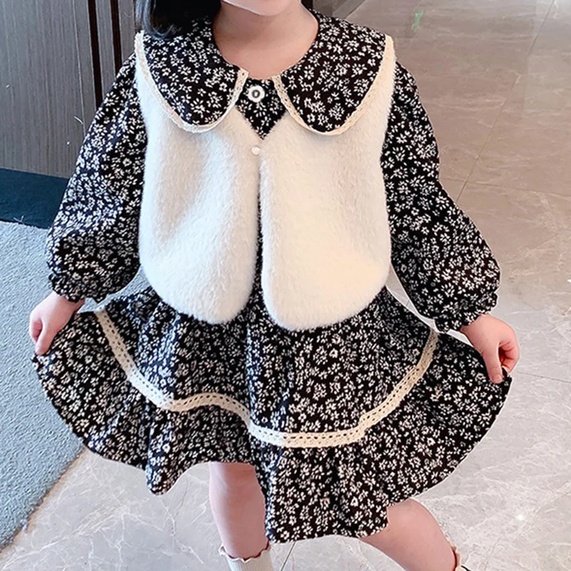 

2021 New Autumn Winter Floral Dress+Vest 2Pcs Girl Kid Dress Children's Dress Kids Clothes Girls Set Clothing Sets