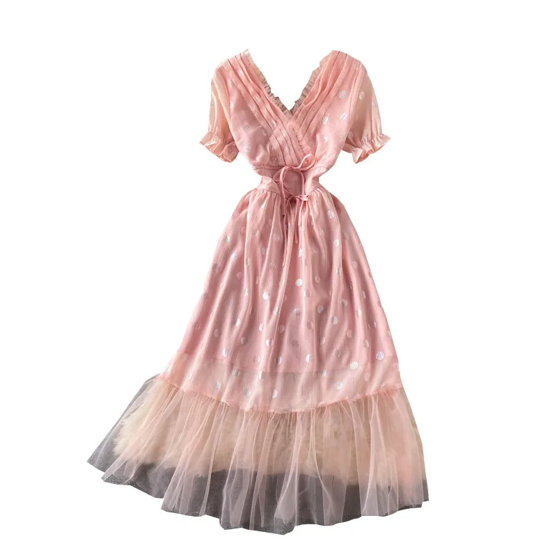 

French Sweet Age Reducing Pink Lace Patchwork V-neck Dot Dress Women Fashion Summer Short Sleeve Bodycon Long Dress Robe