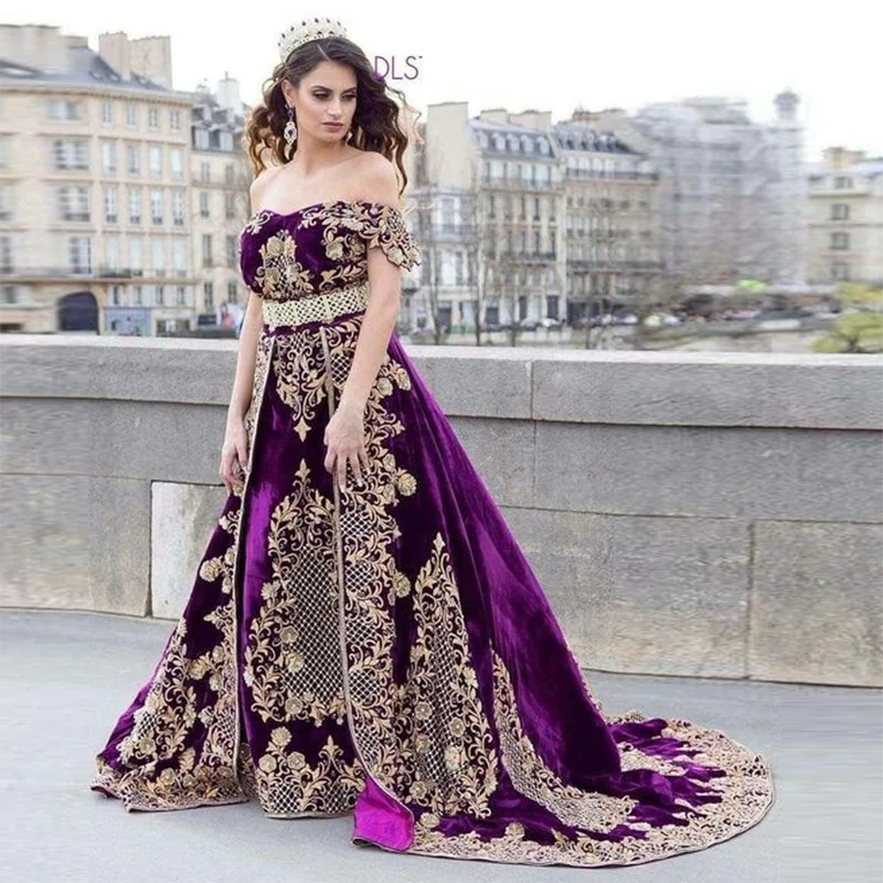

Purple Velvet Moroccan Kaftan Evening Dresses Off Shoulder Golden Appliques Saudi Arabic Muslim Women Long Prom Gown Custom Made