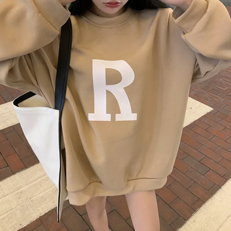 

Letter Printed Hoodie Women's Oversize Simple Round Neck Loose Medium Long Sleeve Korean Casual Top