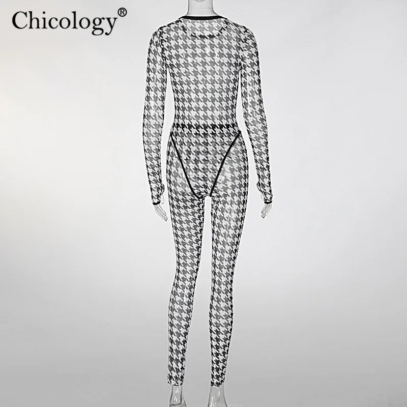 

Chicology Sexy Mesh Plaid Two 2 Piece Matching Set Long Sleeve Bodysuit Pants 2020 Women Winter Fall Clothes Streetwear Outfits