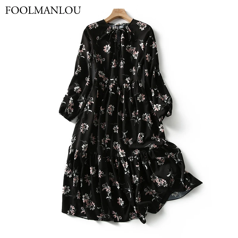 

2021 Fashion New Women Dress Lady Korean Style Vintage Floral Print Long Chiffon Dress Long Sleeve Bow Midi Summer Dress Vestido