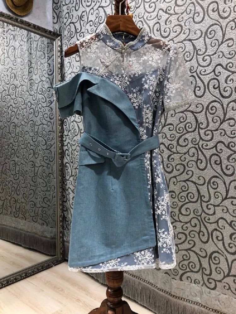 

New 2021 Summer Fashion Bodycon Dress High Quality Women Sexy Tulle Lace Patchwork Short Sleeve Slim Fitted Party Fancy Dress