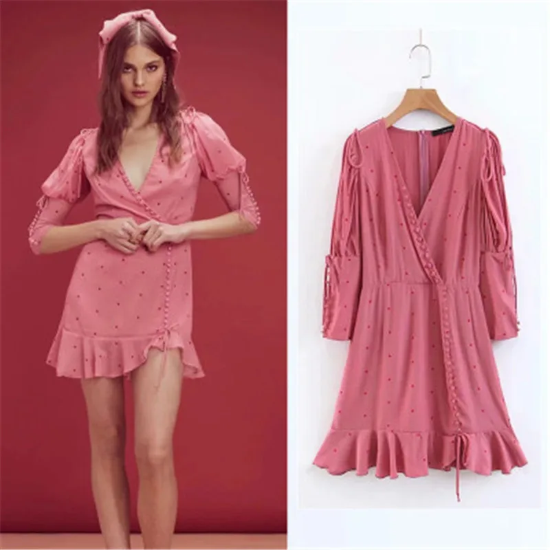 2019 осеннее женское дворцовый ретро-стиль с v-образным вырезом розовое платье