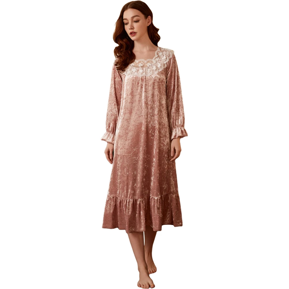 

Women's Warm Fleece Pajamas Square Recovered Ancient Pure Color Soft Long Sleeve Nightdress FGRT1