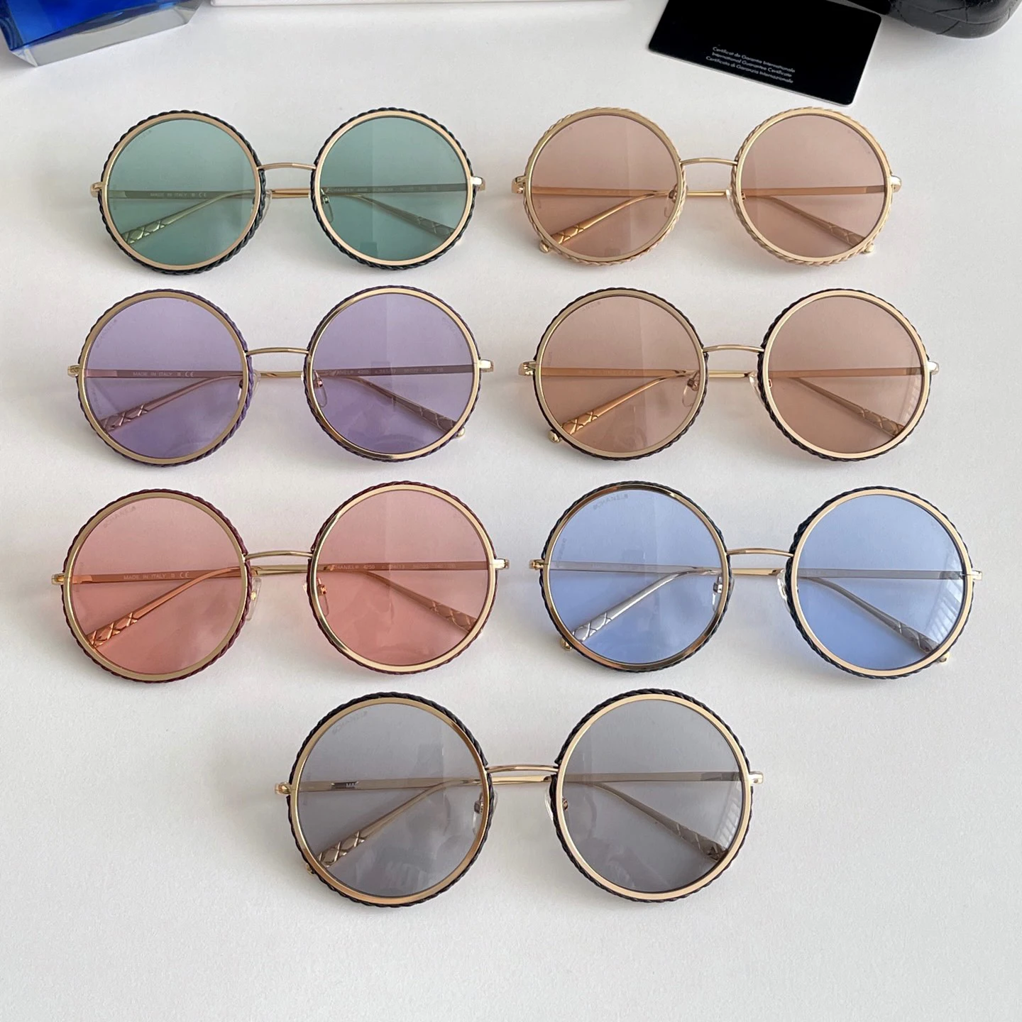 

High Quality Luxury Brand Design Retro Round Leather Glasses Frame Blue Green Pink Lens Fashion Trend Sunglasses For Women UV400