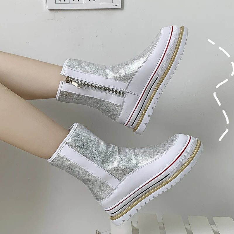 Rimocy Chunky Platform Mid Calf Boots Women Silver Pu Leather Waterproof Shoes Woman Fashion Mixed Color Zipper Mujer |