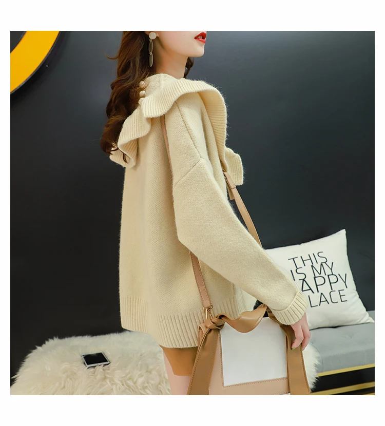 H.SA Women Winter Oversized Sweater Cardigans Big Collar Ruffles Loose Jumpers Green Beige Cardigans Feminino Button Up
