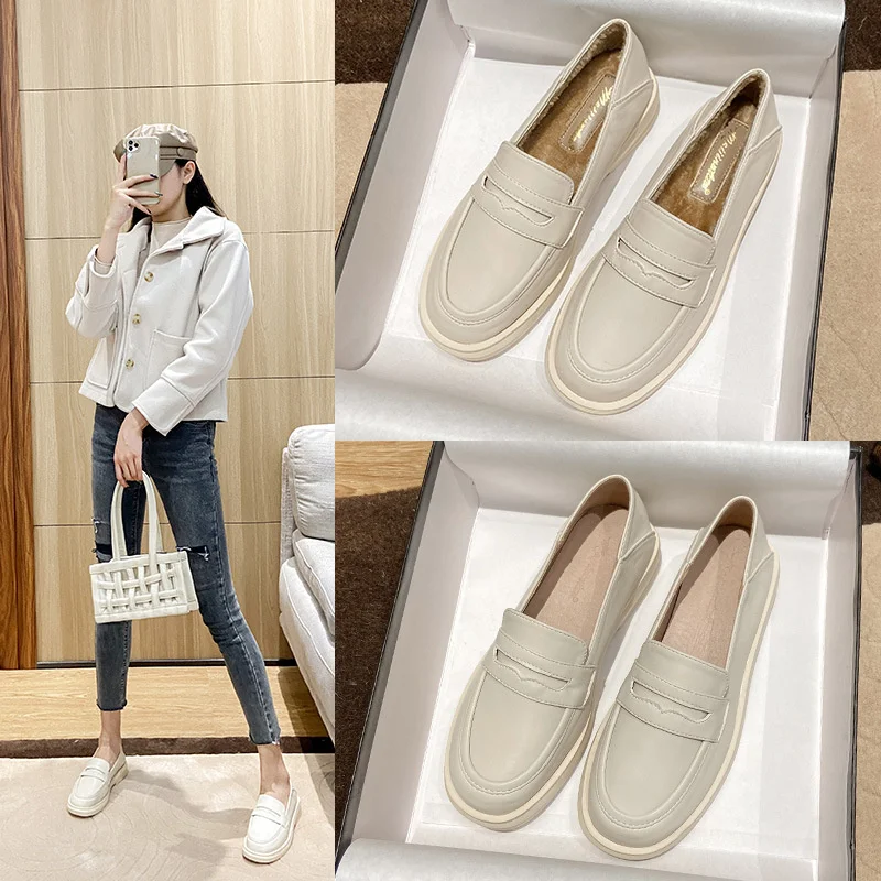

Girls College Small Leather Shoes Women Hot Winter Plush Flats Slip on Loafers Round Toe Thick Heels Oxfords Plus Size 34-44