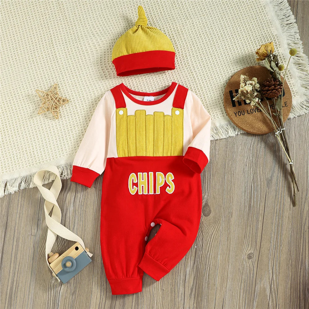 

Newborn Baby Boy Girl French Fries Print Rompers Toddler Kids Cute Long Sleeve Jumpsuit With Hat Spring Autumn Cosplay Costume