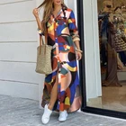 Женское длинное джинсовое платье, повседневное свободное платье макси с принтом, длинными рукавами, карманами, пуговицами, отложным воротником, для вечеринок