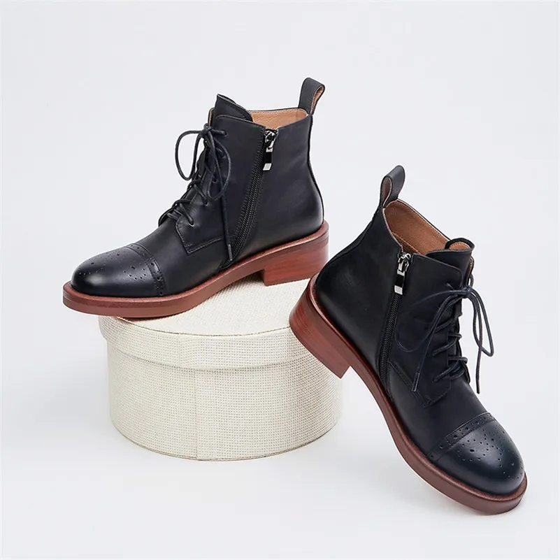 

ANNYMOLI Natural Genuine Leather Thick Heels Ankle Boots Women Round Toe Mid Heel Boots Shoes Zipper Lace Up Short Boots Black