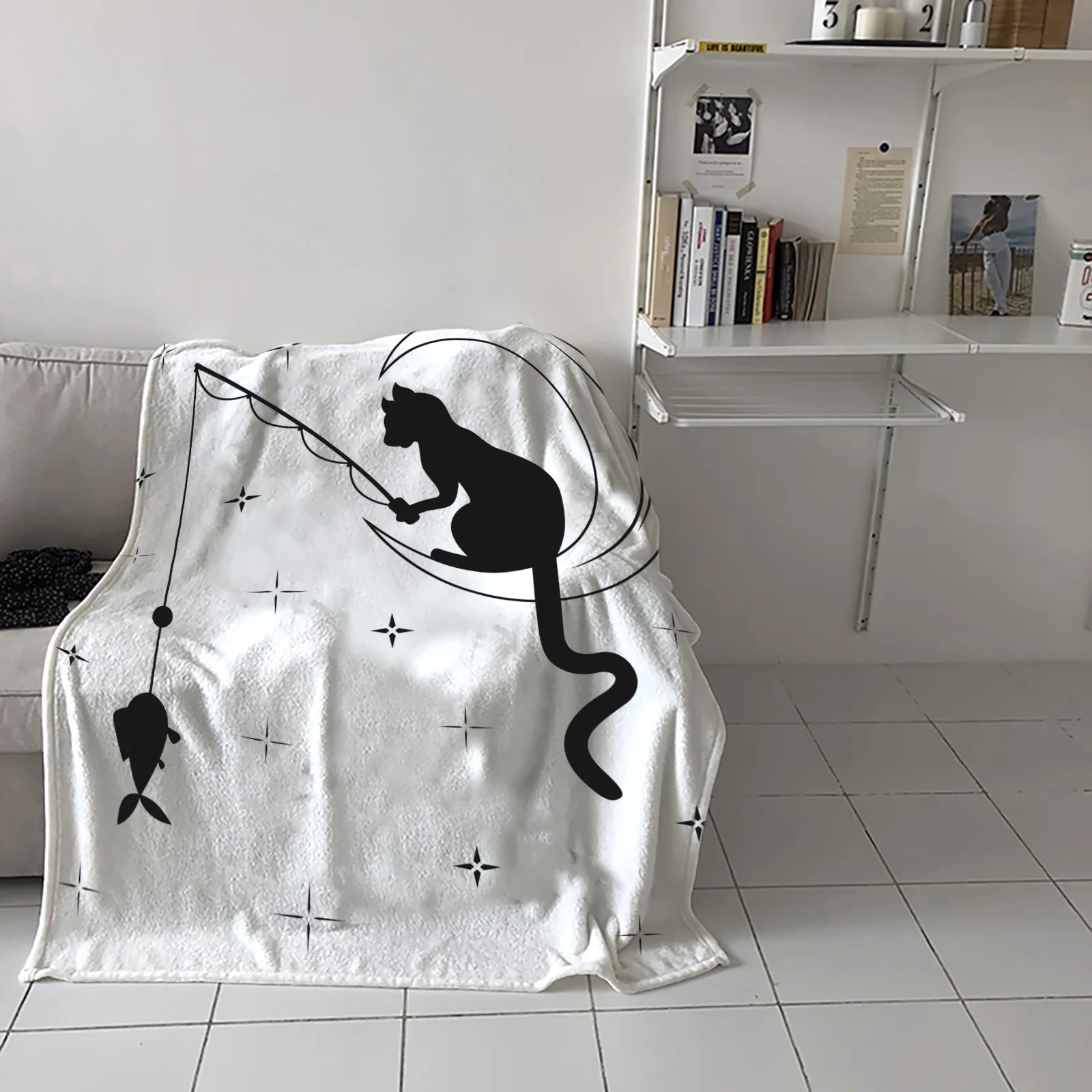 

Black Cat Moon Fishing Throw Blanket Home Sofa Decor Blanket Portable Soft Bedspread Microfiber Flannel Blankets for Beds
