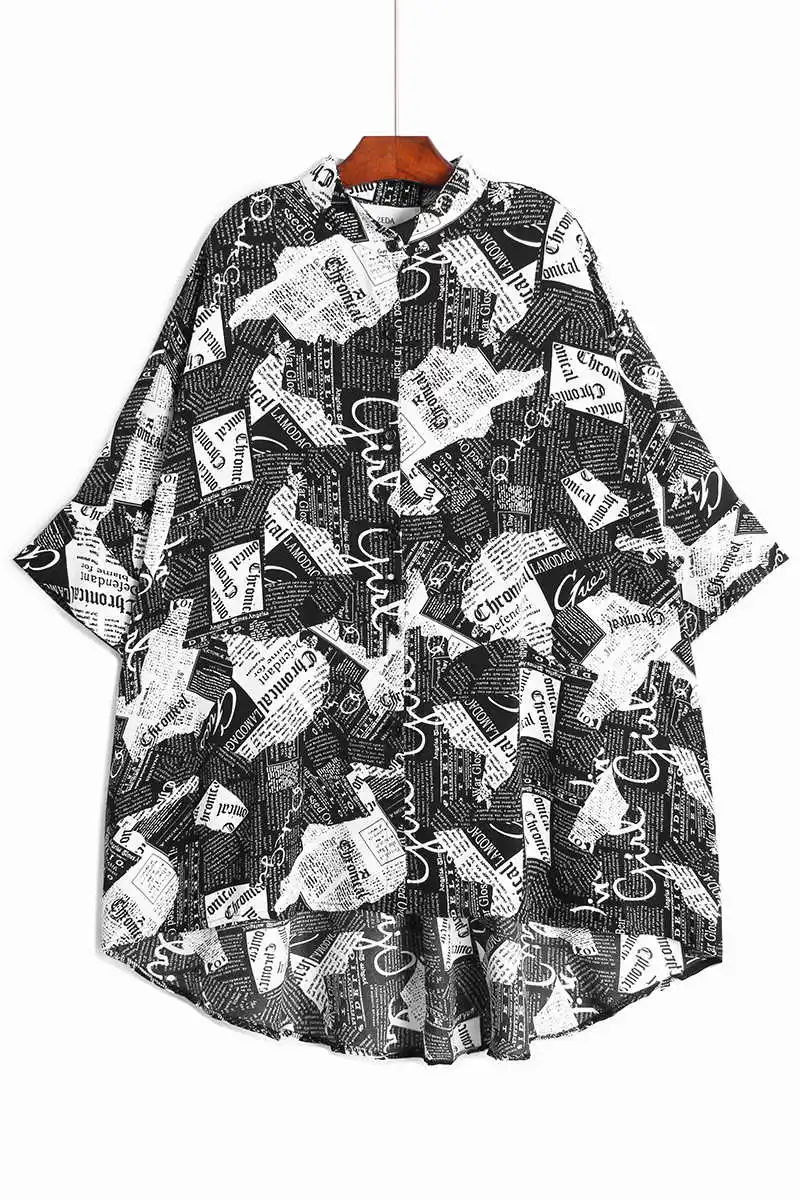 

IEQJ Women Black Casual Big Size Printed Loose Bat Sleeve Chiffon Shirt Blouse New Lapel Loose Shirt Fashion Summer 2021 3F1130