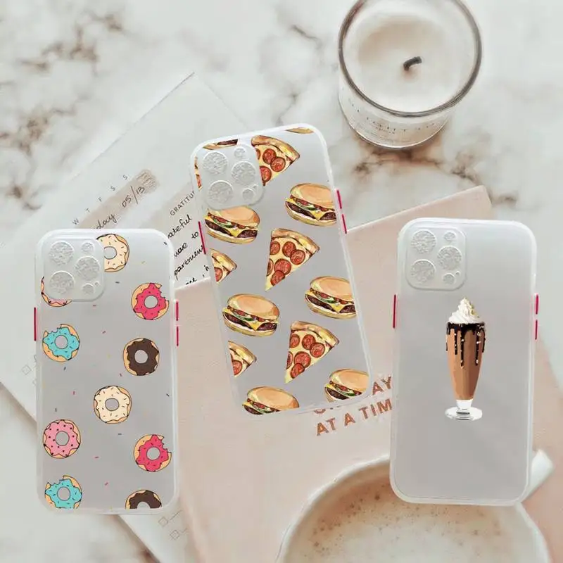 

food hamburger pizza Macaron Phone Case For iPhone 12 11 Mini Pro XR XS Max 7 8 Plus X Matte transparent White Back Cover