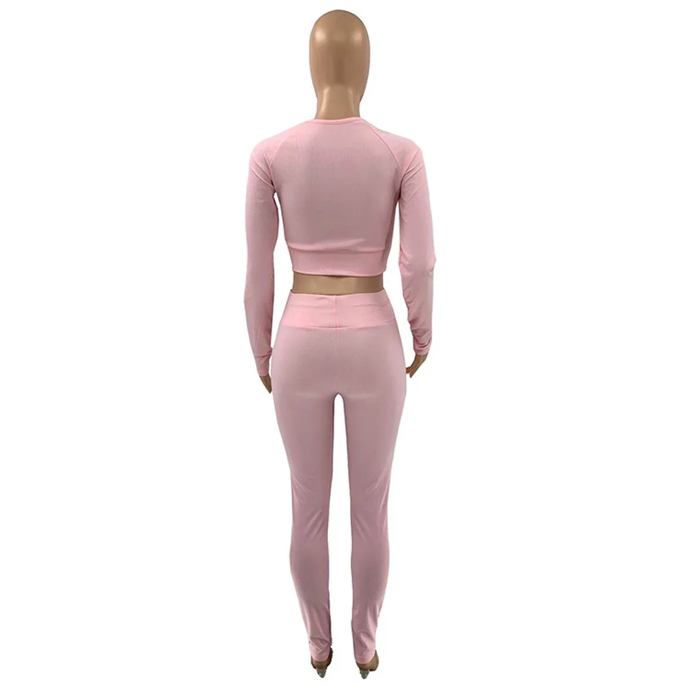 

Solid Elastic Hight Ribbed Knitted Slim Fit Two Piece Suit Women's Costumes Long Sleeve Bandage Crop Top and Sporty Legging Set