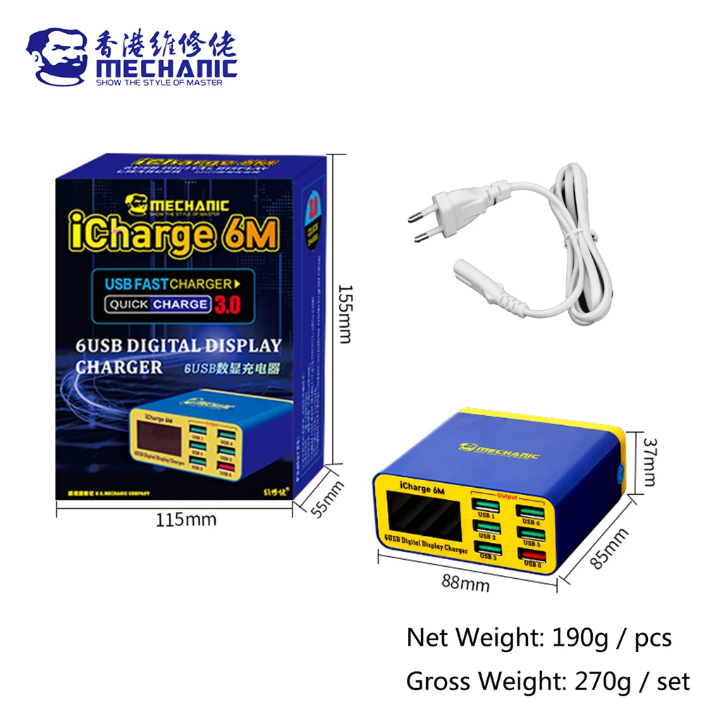 mechanic icharge 6m qc 3 0 usb smart charge support fast charging with lcd digital display multi port charger for tablet phone free global shipping