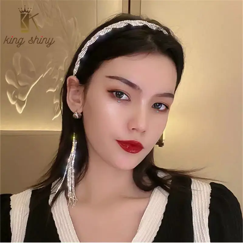 

King Shiny Luxury Sparkly Rhinestone Tassel Headband Elegant Hand Made Crystal Diamond Beaded Hairband Girls Party Hair Jewelry