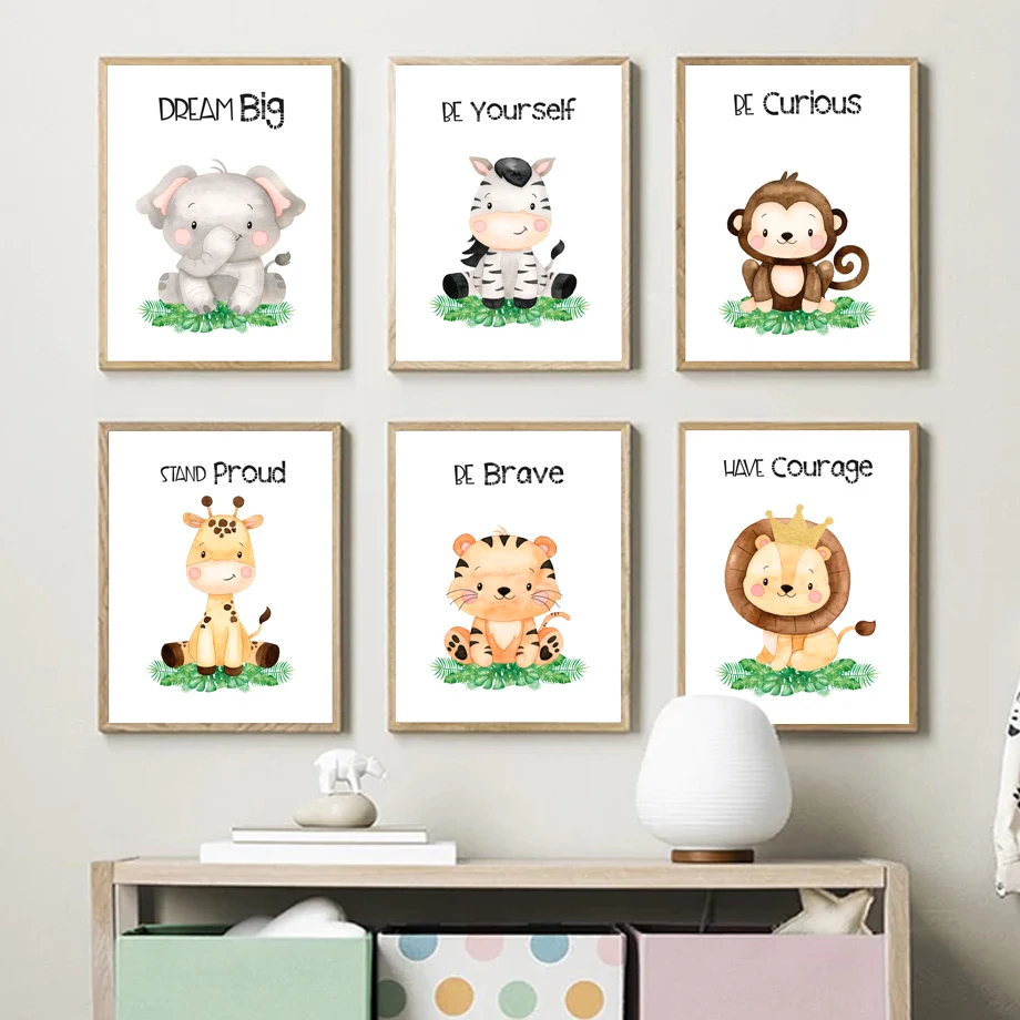 

Safari Animals Elephant Zebra Giraffe Lion Monkey Wall Art Print Canvas Painting Nordic Poster Wall Picture Baby Kids Room Decor