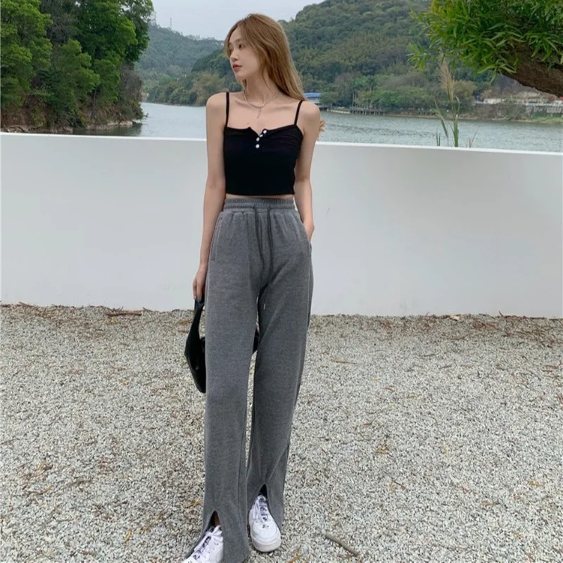

KUSAHIKI Korean Knitted Split Wide Leg Pants 2021 Spring New Women Trousers Causal Lace Up High Waist Sweat Pants Mujer 6G146