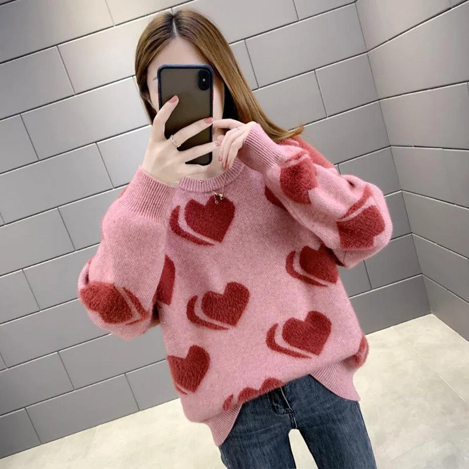 

New Arrival Autumn Winter Women Heart Pattern Sweater Fashion Loose O-Neck Knitted Pullovers