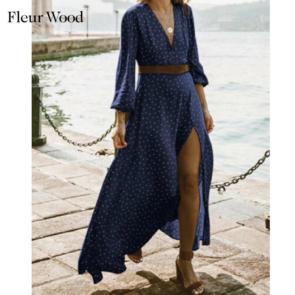 

FLEUR WOOD Woman Dress V-neck Sexy Dress Polka Dot Dresses For Women No Sashes Slit Long Dress vestidos de mujer Women Clothes