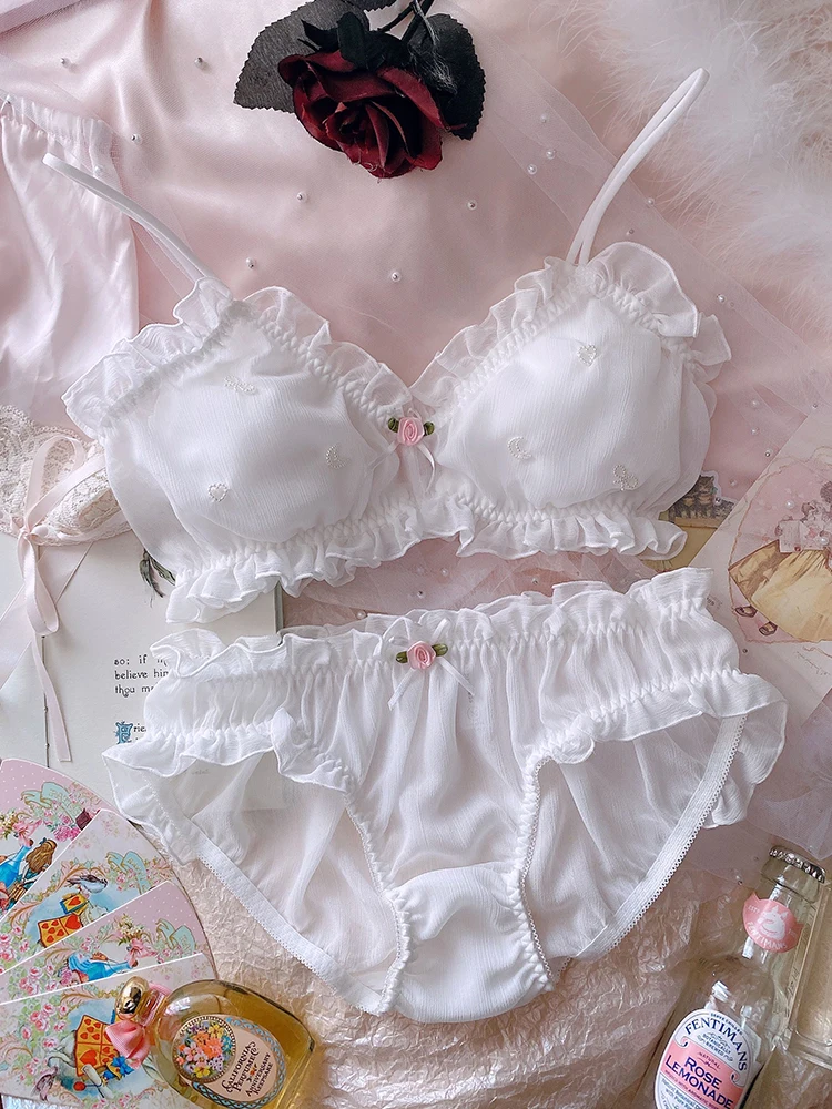 

Lolita Bra Women Japanese Sexy Princess Bra And Panty Set Lingerie White Ruffles Bralette Kawaii Wirefree Underwear Dropshipping