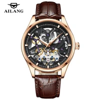 watches classic rose gold case clock male skeleton clocks automatic mechanical brown leather hollow watch new 2022