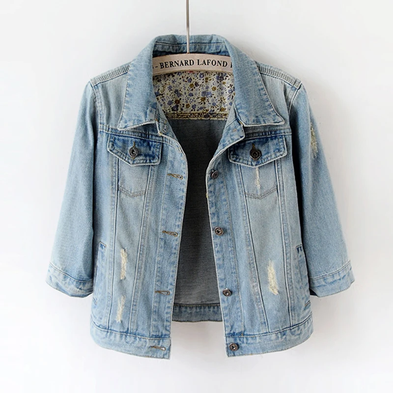 

2020 New Autumn Short Section Slim Casual Large Size Seven point Sleeve Denim Jacket Female Jacket Top half sleeve hole