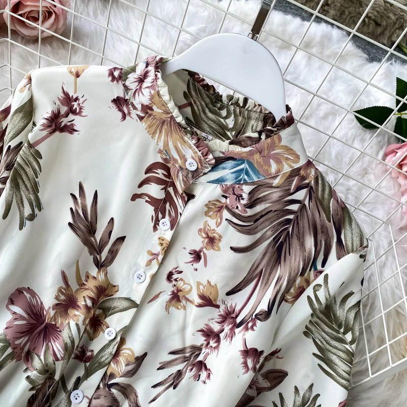 

Women Sweet Floral Printed Chiffon Dresses Spring Autumn Long Sleeve Patchwork Pleated Dress Woman Casual Beach Long Robe
