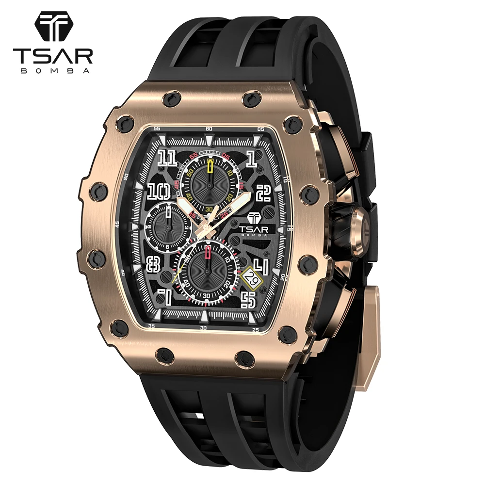 TSAR BOMBA Mens Watch 50M Waterproof Luxury Wristwatch 316L Stainless Steel Chronograph Stylish Richard Clock Elegant Male Gift
