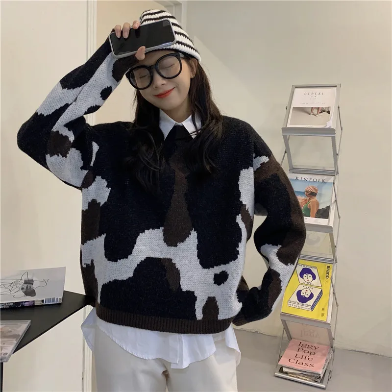 

HKCP Vintage Sweaters Casual Fashion Long Sleeve O-Neck Pullovers Knitted Print Regular Women Winter Clothes 2020 New