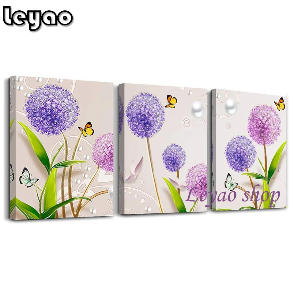 

Diamond Embroidery Purple Dandelion Diy Full Diamond Painting Full Square Drill 3 Piece Flower Handmade Art Home Decor Triptych