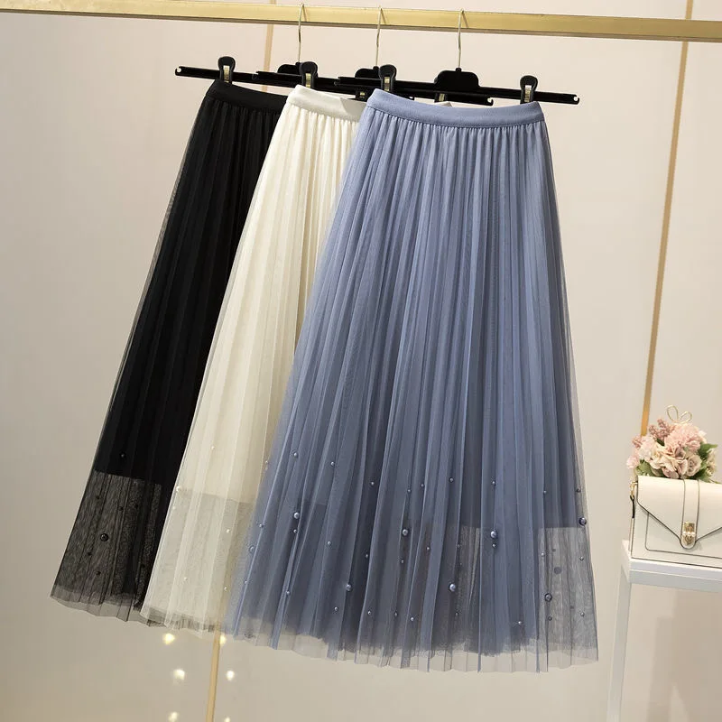 Женская многослойная юбка длинная Однотонная юбка-макси из тюля с бусинами