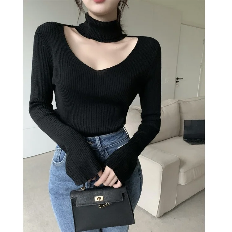 

Женский свитер с вырезами и высоким воротом, облегающий осенне-зимний свитер с длинным рукавом, свитер C648a