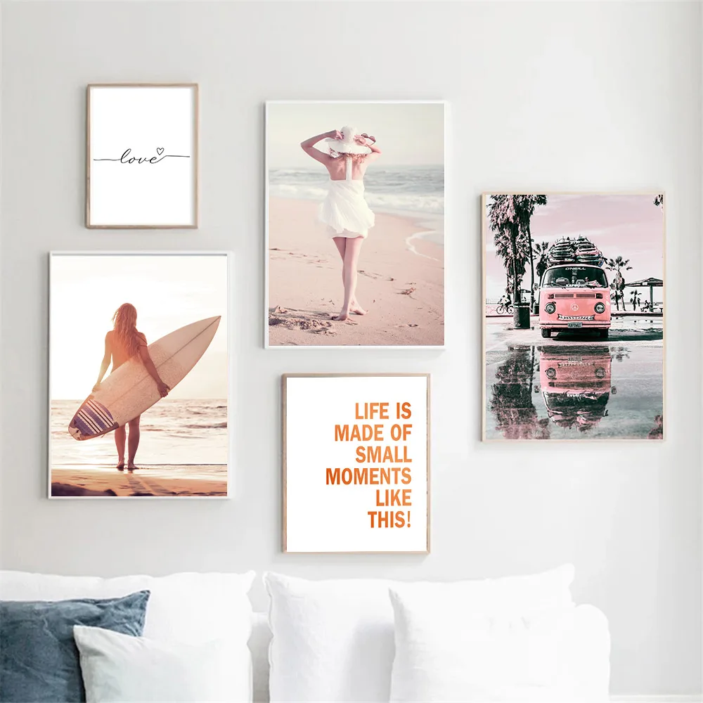 

Beach Sexy Women Yacht Wall Art Poster Pink Car Landscape Art Print Quotes Canvas Painting Nordic Picture Living Room Home Decor