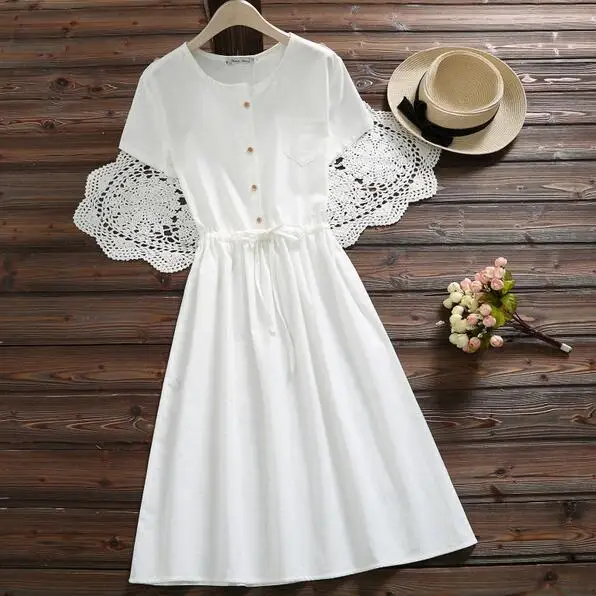 Летнее милое женское платье Mori Girl из хлопка и льна с коротким рукавом белое синее