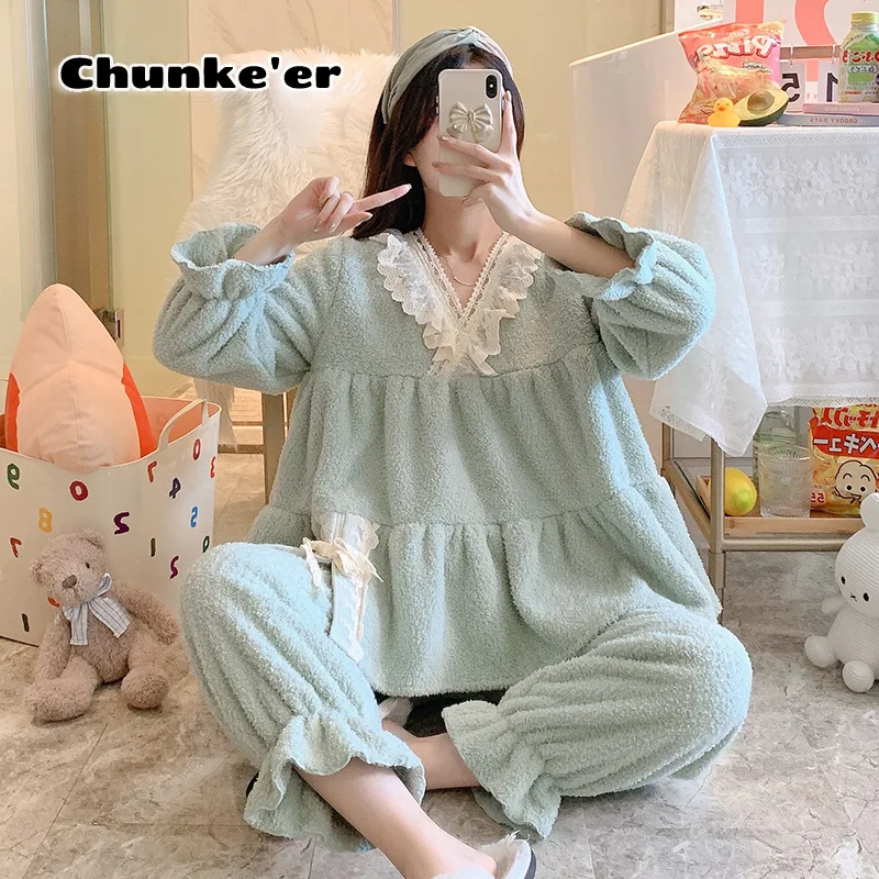 

Korean pajamas women's autumn and winter thickened coral velvet loose large suit lovely princess flannel warm home clothes