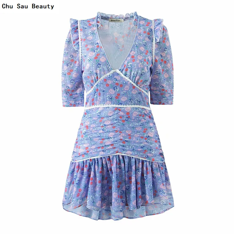 

Chu Sau Beauty Women's New Fashion Purple Deep V-Neck Lace Fungus Ruffled Princess Dress Summer Sweet Girl Holiday Mini Skirt