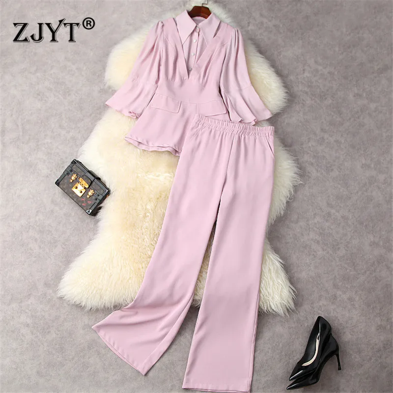 

Summer 2 Piece Pants Sets Womens Outfits Elegant Lady Business Work Wear 2021 Fashion Solid Pink Blouse Trousers Suits