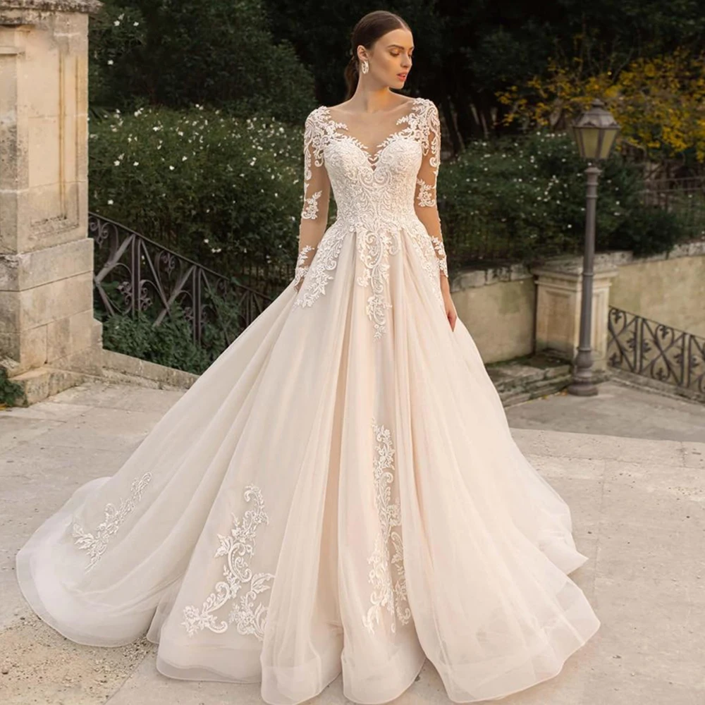 

Vintage Tulle A Line With Long Train Wedding Dress For Bride Elegant Applique Bridal Gown Plus Size FullSleeves Vestido De Novia