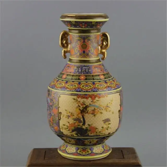 Эмалированная цветная Цветочная птица с узором династии Цин Золотая ваза