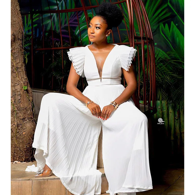 

Plus Size Women's Jumpersuit Summer Fashion Sexy V Neck Jumpsuits 2021 New Casual Chiffon Pleated Celebrity Designer Rompers