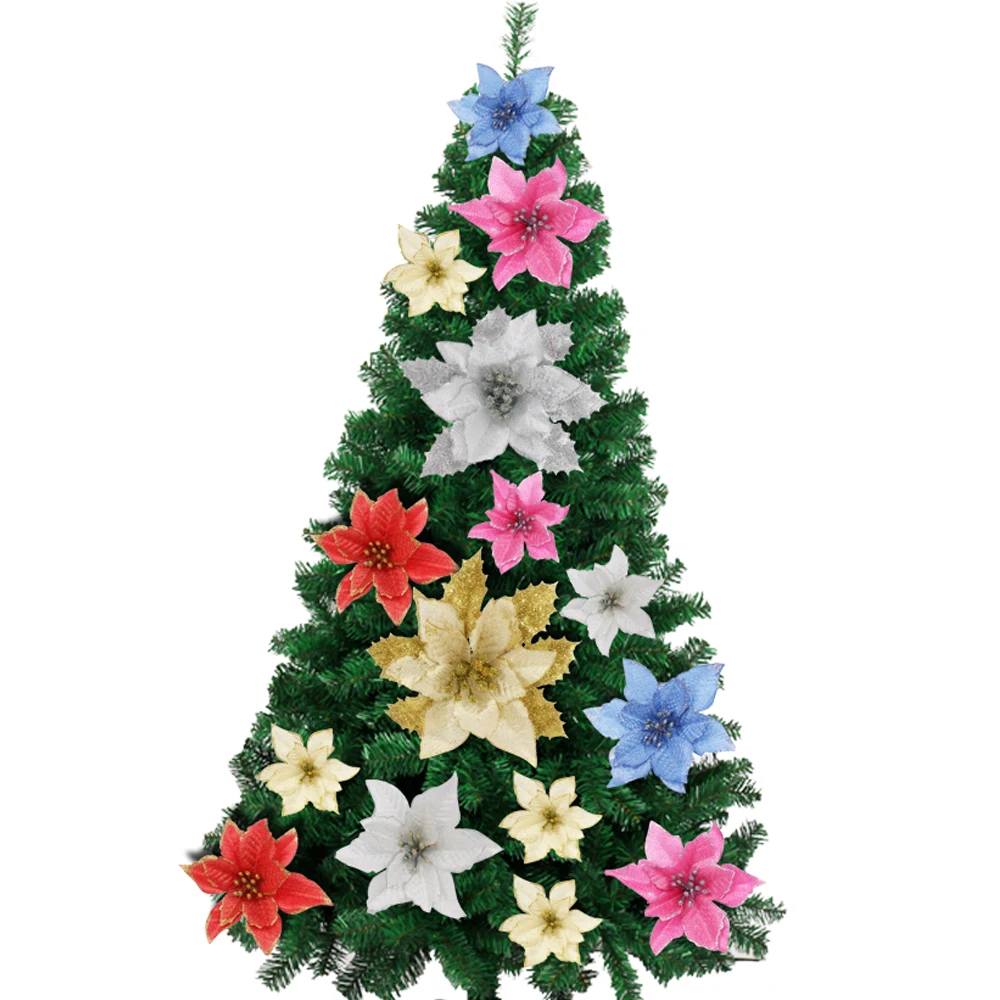 12pcs/lot Artificial Christmas Flowers Plastic&Cloth Glitter Hollow Flower For Christmas Tree Decoration DIY Xmas New Year Decor